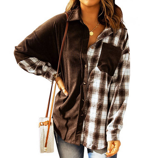 SINGLE BREASTED PLAID CORDUROY LONG SLEEVE SHIRT