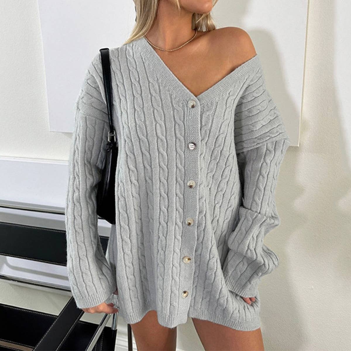 SLOUCHY BREASTED V-NECK TWIST SWEATER CARDIGAN