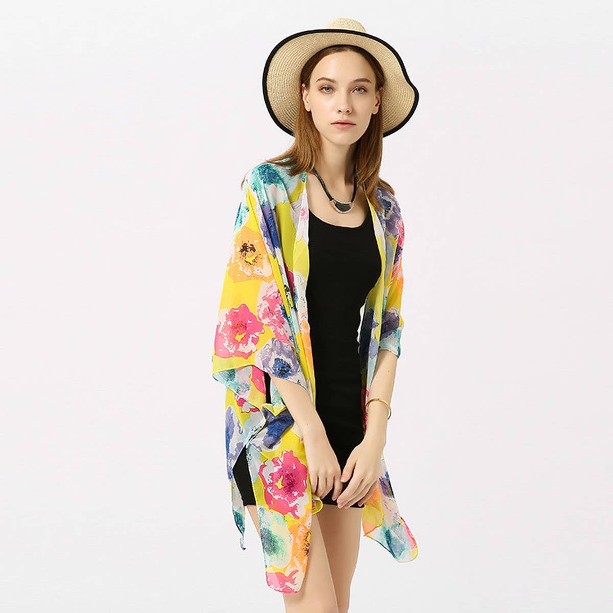 MULTICOLOR FLORAL PRINT OPEN FRONT KIMONO CARDIGAN