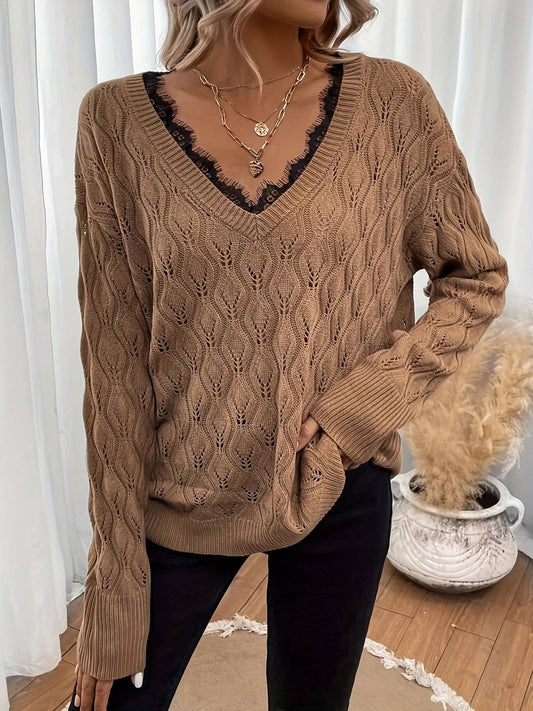 Lace edge patchwork V-neck long-sleeved sweater