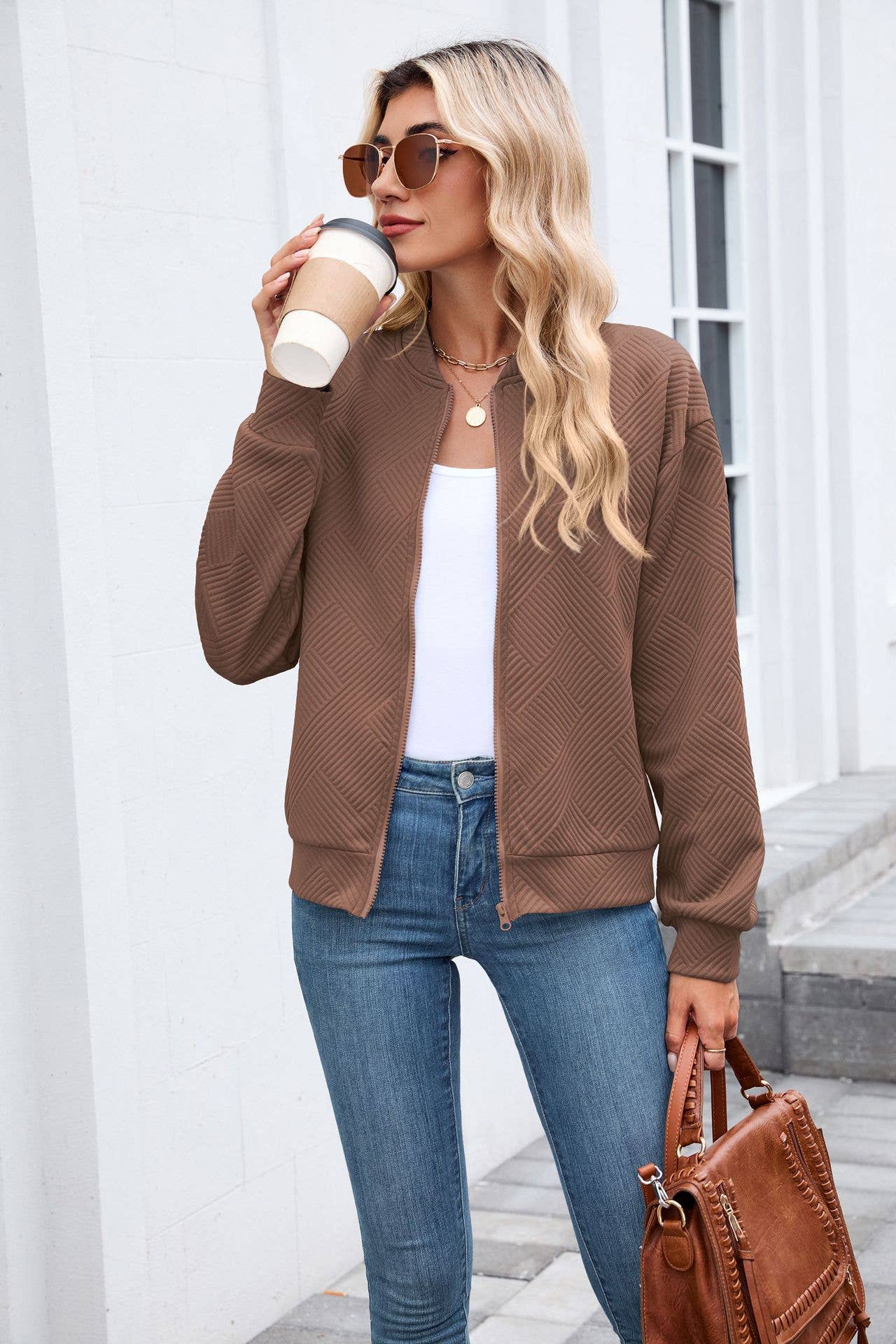 Solid-color round-neck zipper loose jacket