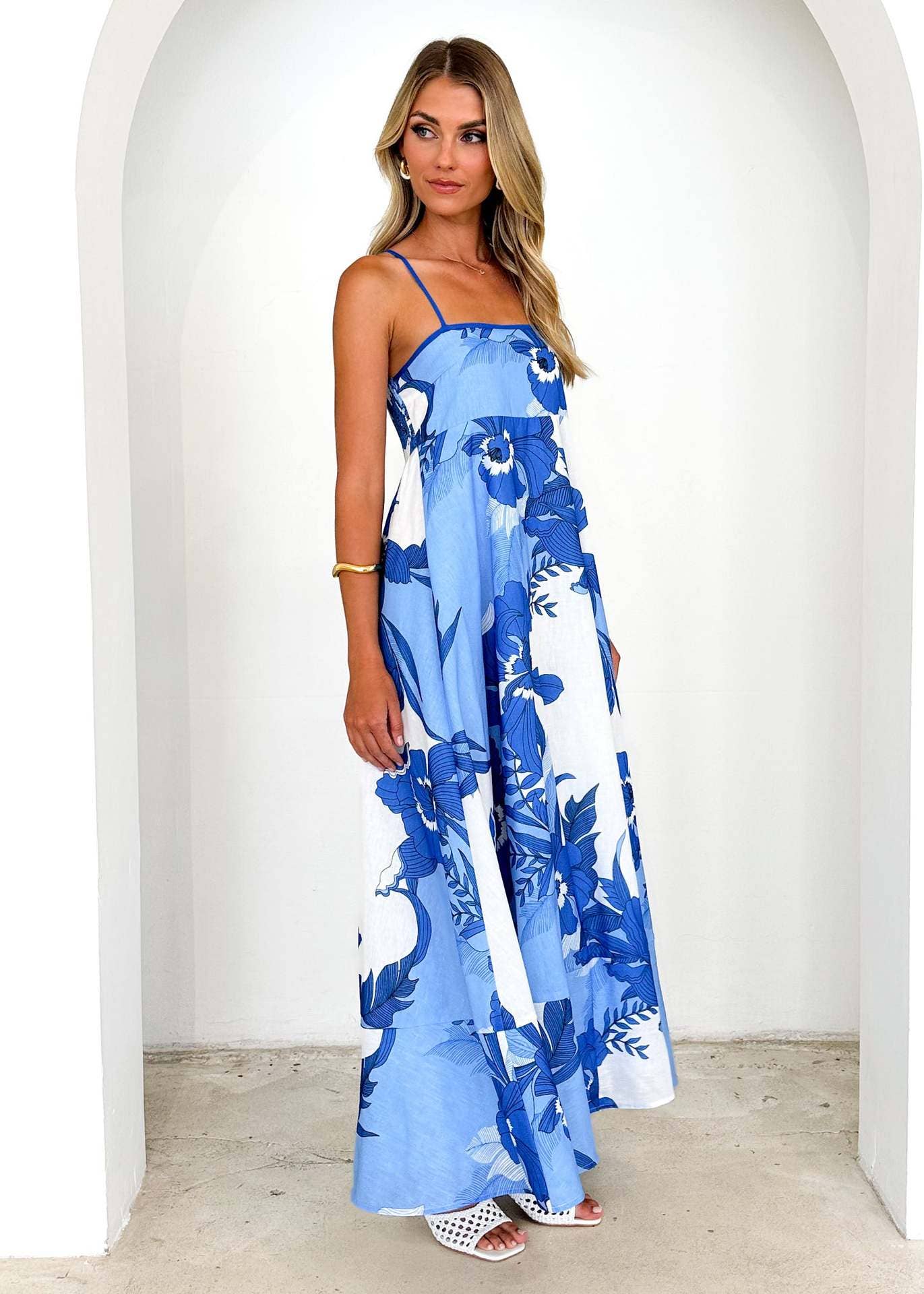 Printed backless high-waisted halter dress