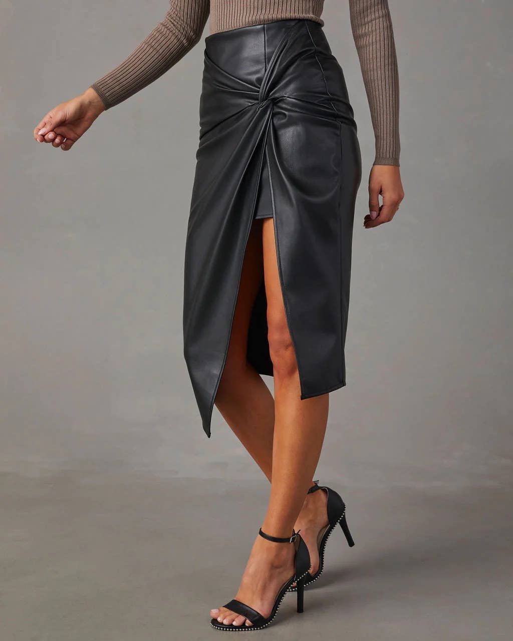 Split mid-length sexy hottie hip leather skirt
