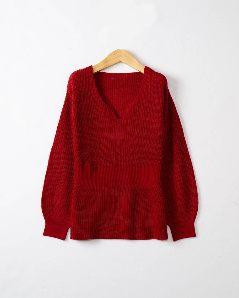 V-NECK SOLID COLOR LONG SLEEVE RUFFLED KNIT