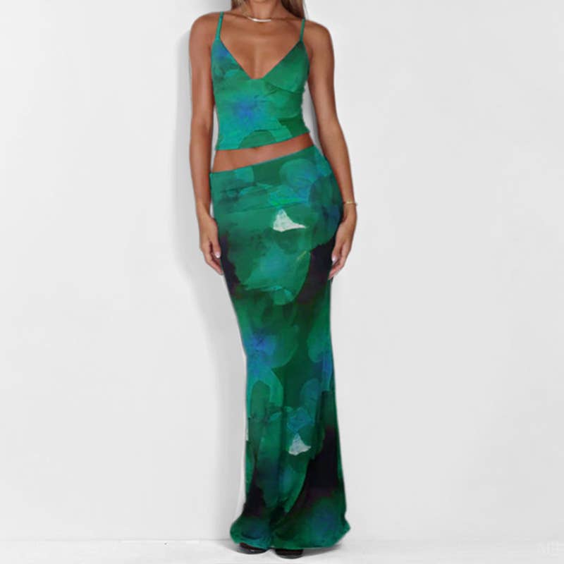 Fashion printed vest slim-fit long skirt suit