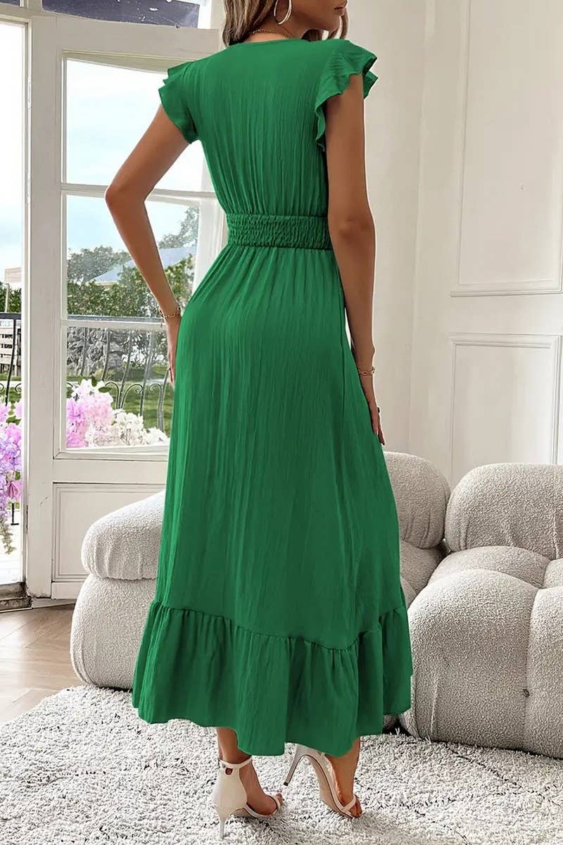 CWDMD5583_SUMMER V-NECK SHORT-SLEEVED LONG DRESS