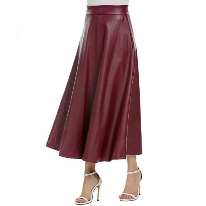 HIGH WAIST PU LEATHER LONG SKIRT WITH BIG SWING