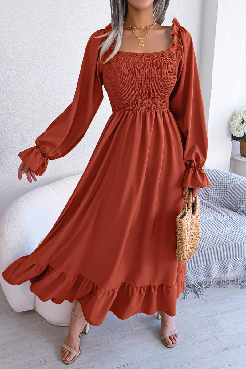 SQUARE NECK LARGE SWING FLOUNCES LONG DRESS_CWDMD1165