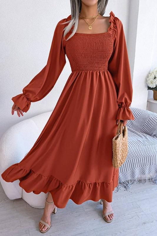 SQUARE NECK LARGE SWING FLOUNCES LONG DRESS_CWDMD1165