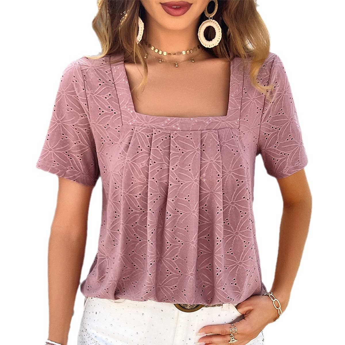 SQUARED NECK RUFFLED HOLLOW OUT T SHIRT TOP_CWTBLS0518