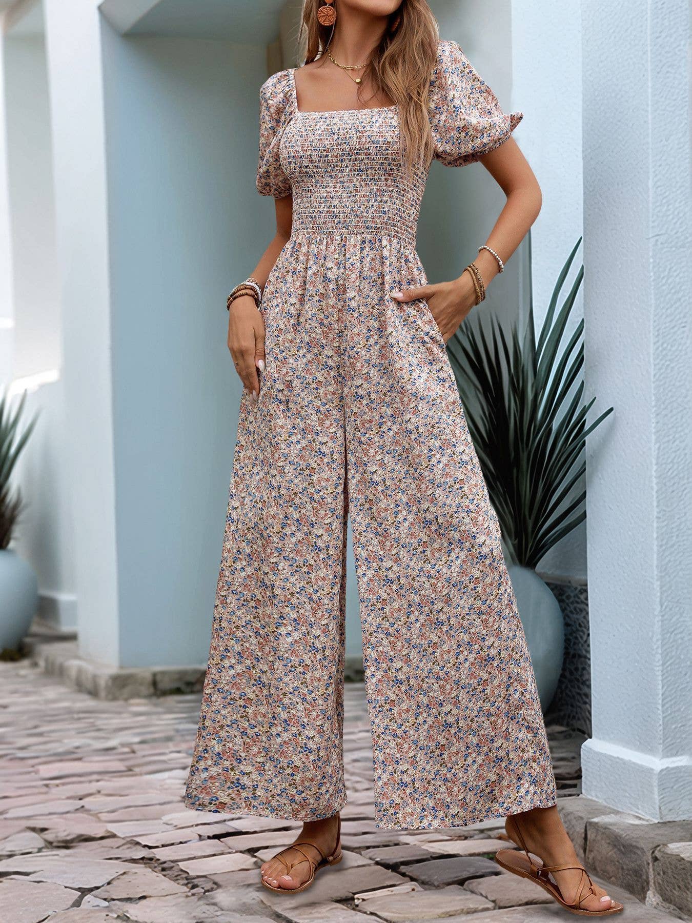 Puffy sleeves slim tight floral print jumpsuit