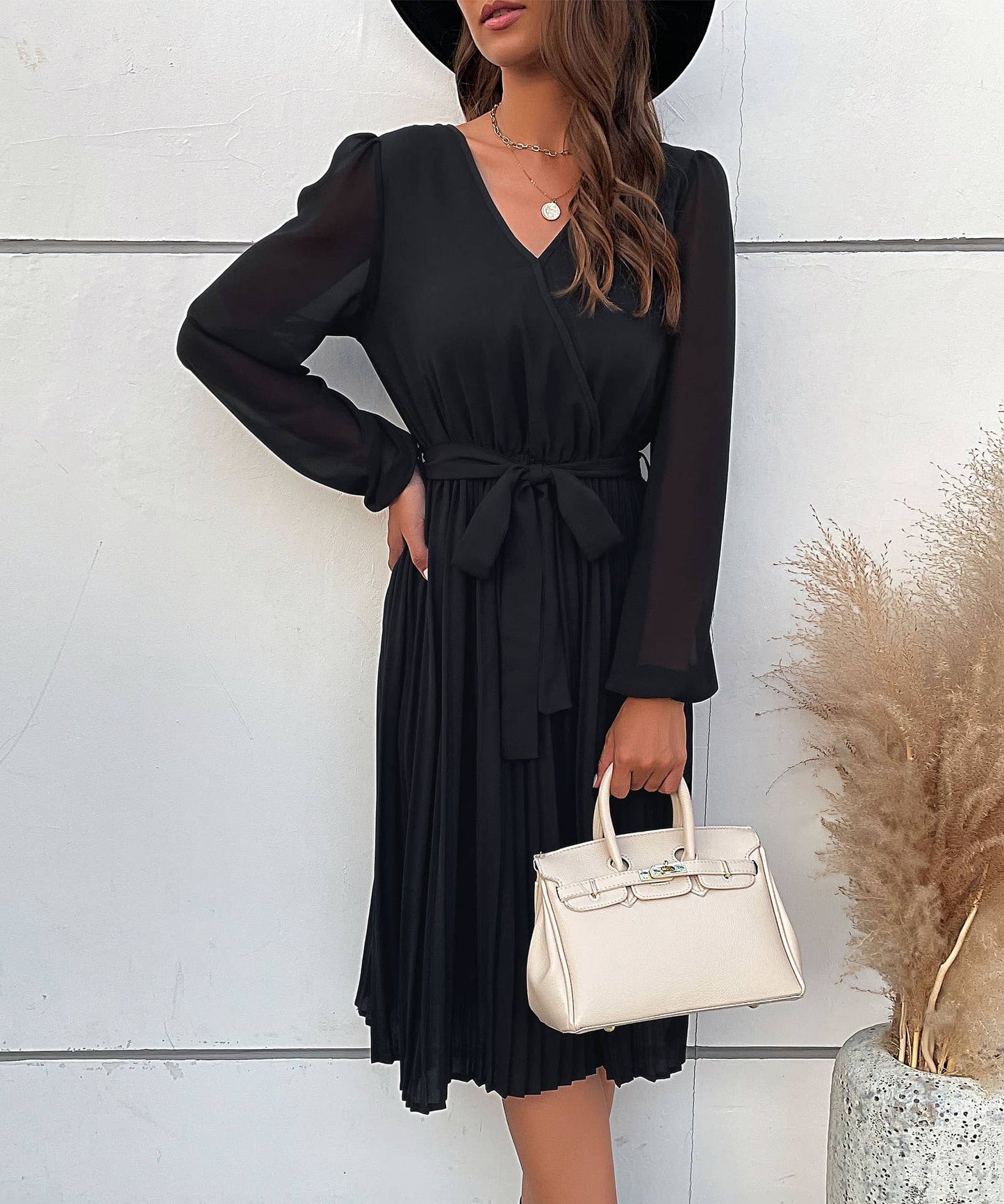 LACE PATCHWORK V-NECK LACE-UP PLEATED DRESS