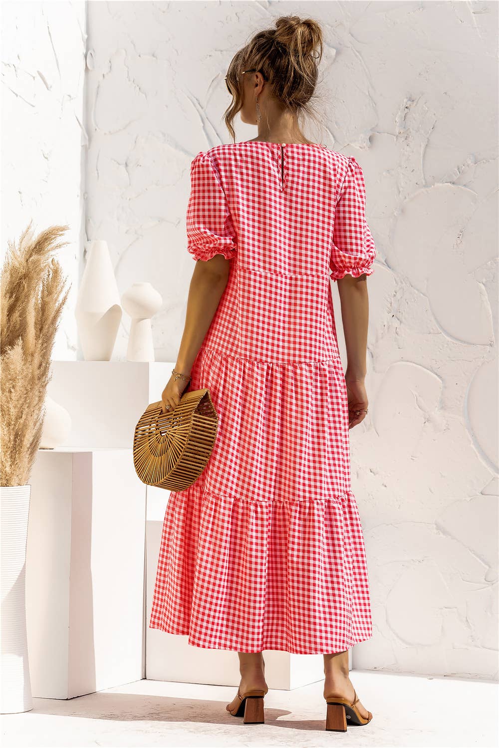 Puffed sleeve polka dot plaid patchwork dress