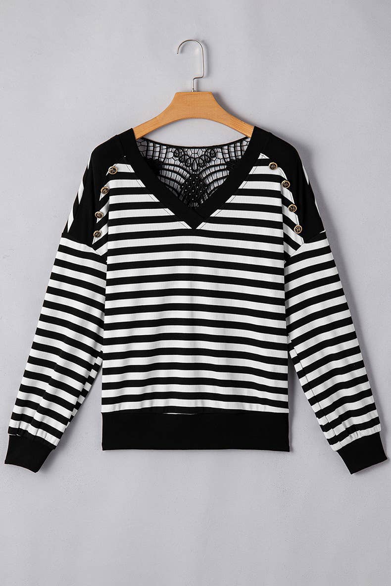 STYLISH STRIPED CROCHET CUTOUT BACK KNITWEAR