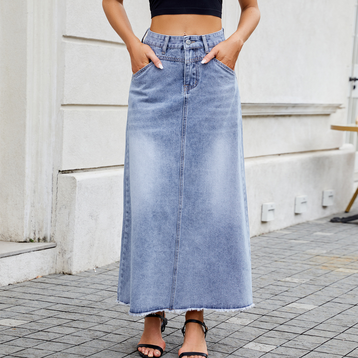 Women??¢s High Waist Denim Midi Skirt with Pockets_CWJSK0203