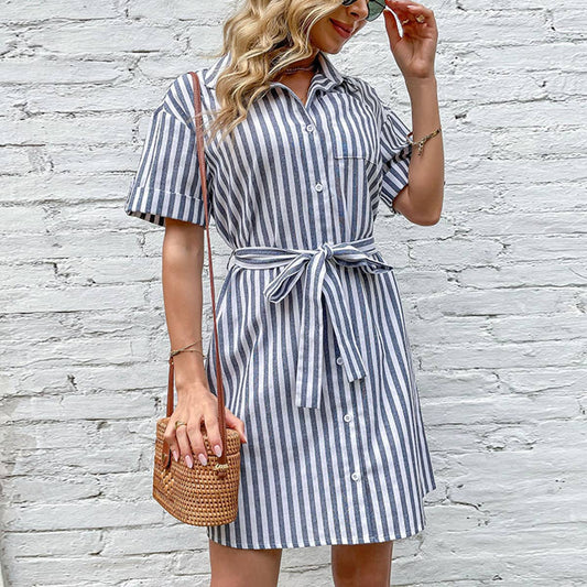 Striped lapel lace-up shirt dress