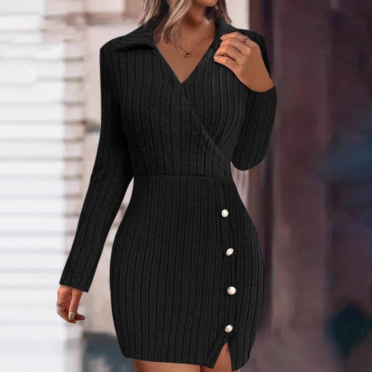 Solid color V-neck tight wrap hip slim-fit dress