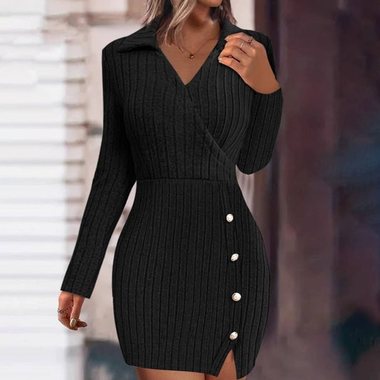 Solid color V-neck tight wrap hip slim-fit dress