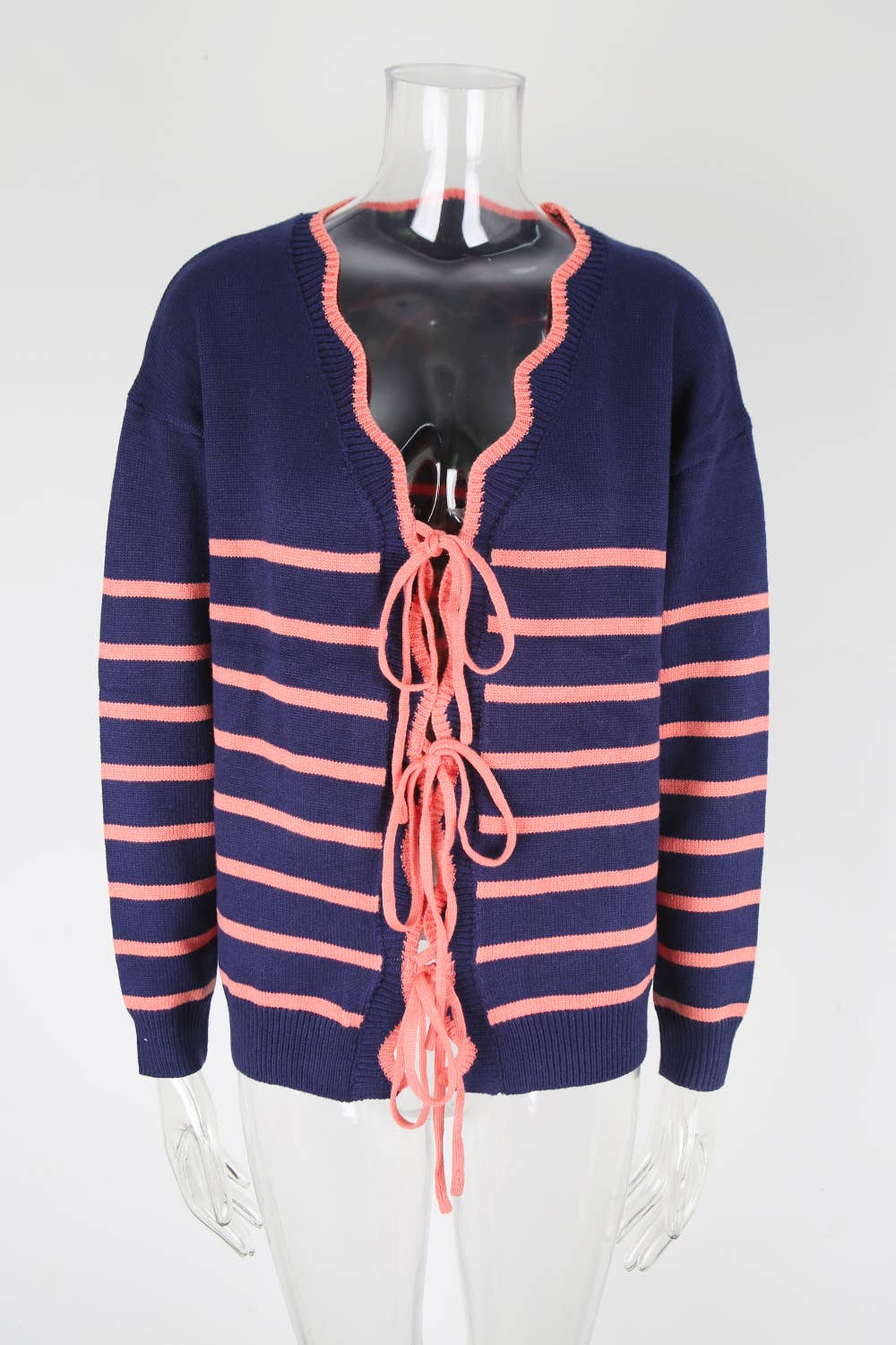 Striped color-blocked loose drawstring cardigan