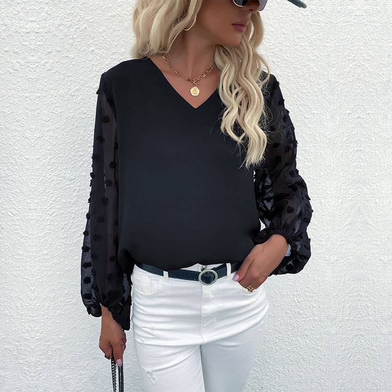 V-neck long sleeve chiffon shirt with hairball