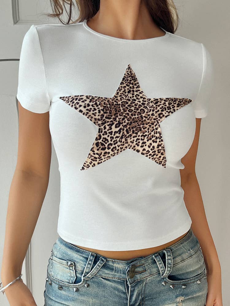 Sexy waisted leopard print round neck T-shirt