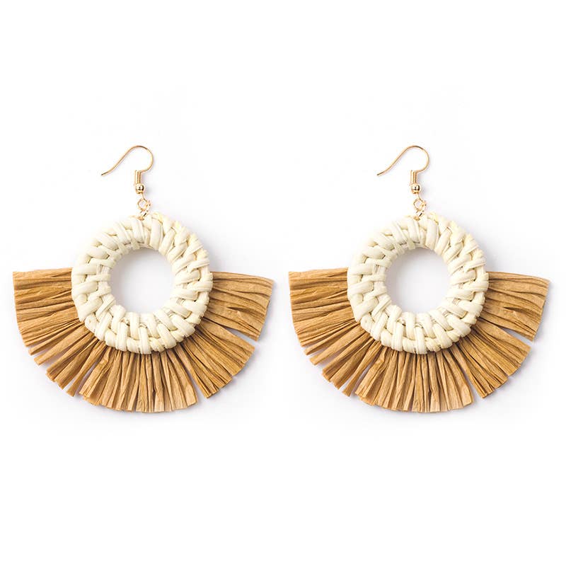 Hand-woven geometric rattan raffia earrings