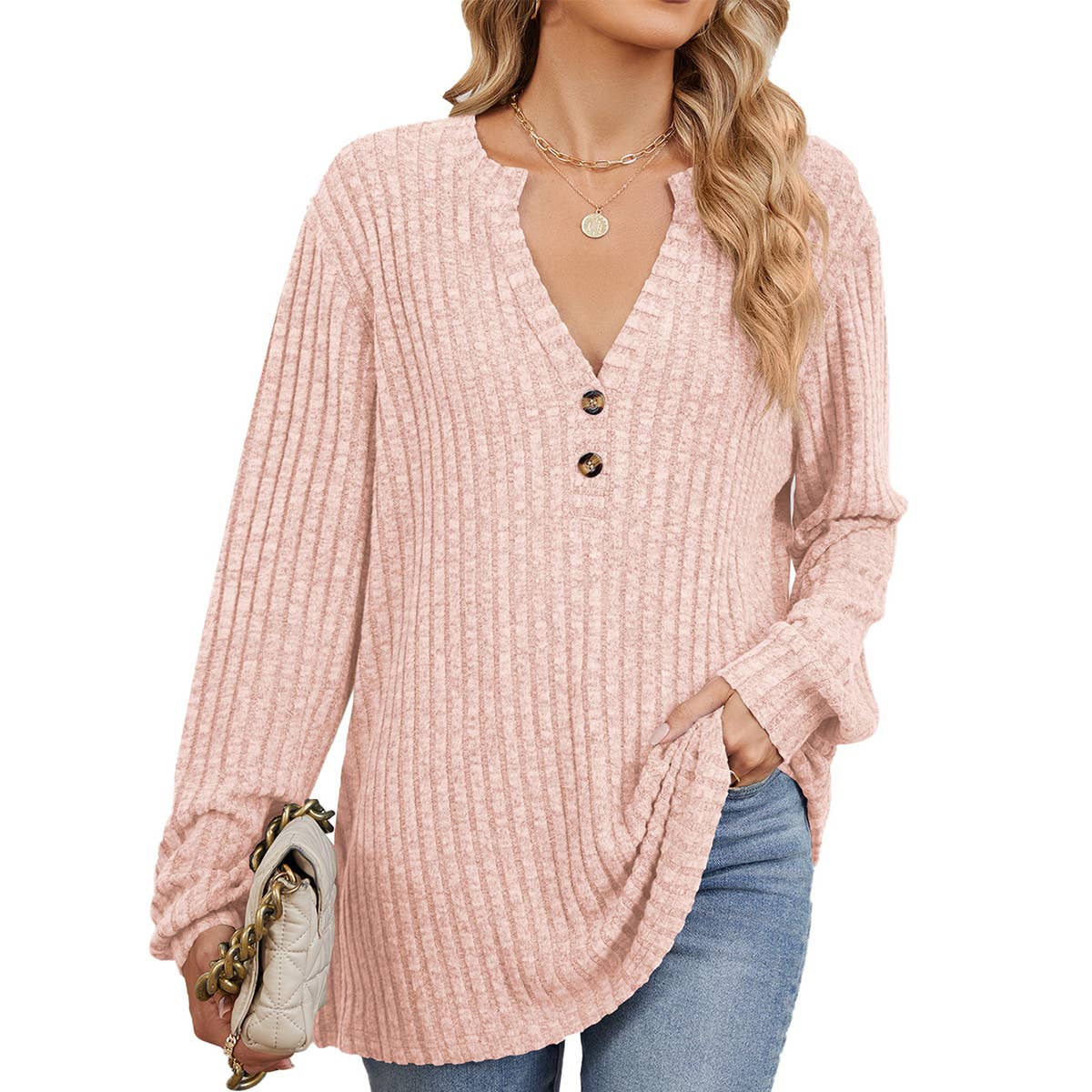 V-NECK BUTTON-DOWN LONG SLEEVED LOOSE T-SHIRT