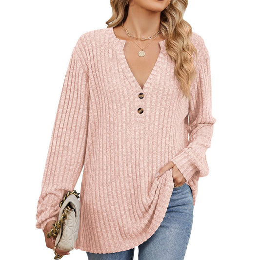 V-NECK BUTTON-DOWN LONG SLEEVED LOOSE T-SHIRT