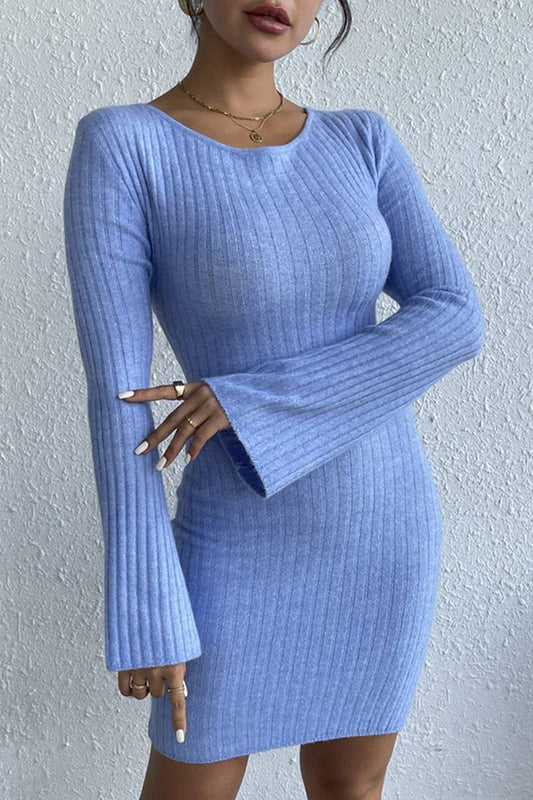 CWDSD5245_BACKLESS SOLID COLOR TRUMPET SLEEVE KNITTED DRESS