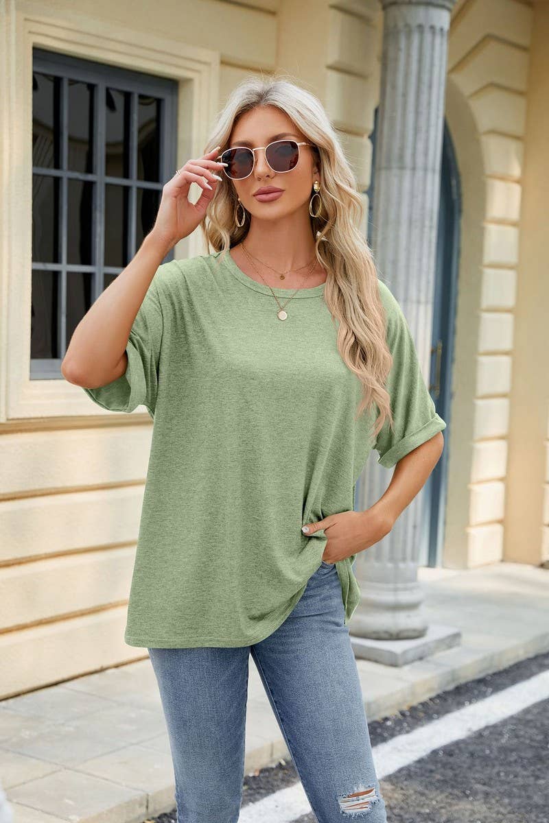 ROUND NECK SOLID COLOR SHORT SLEEVE LOOSE T SHIRT_CWTSTS0280
