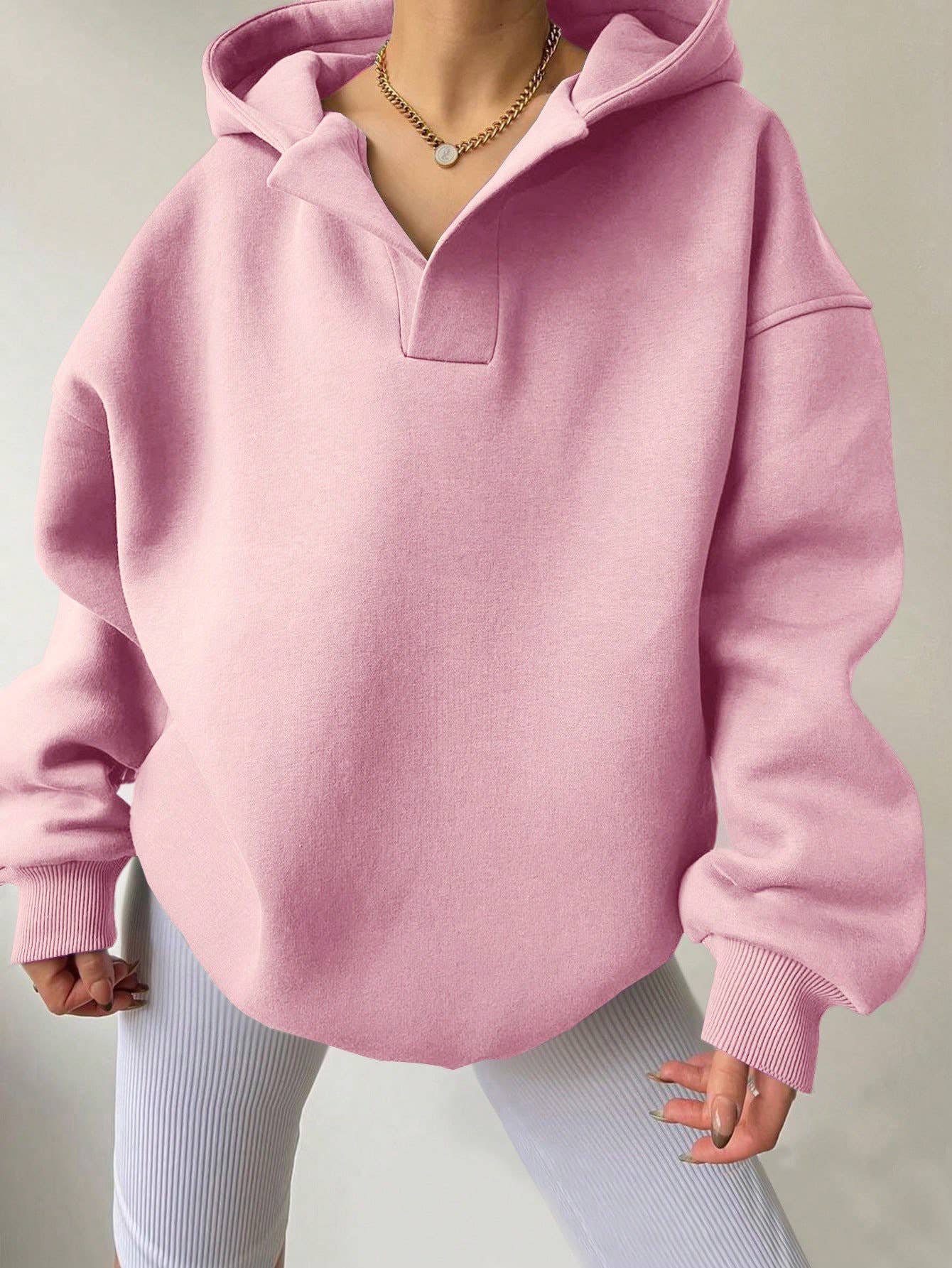 SOLID COLOR LONG SLEEVE LOOSE HOODED SWEATSHIRT