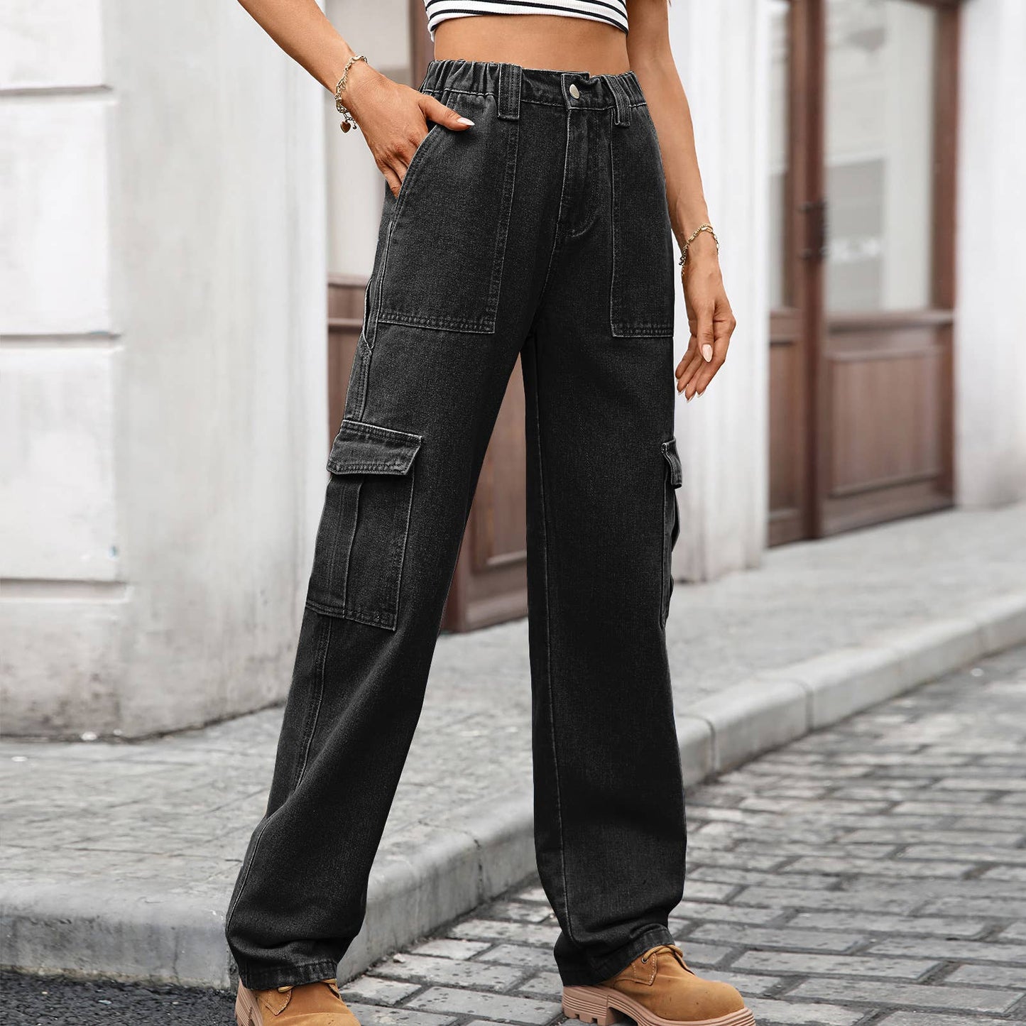 Multi-pocket wide-leg denim workwear jeans