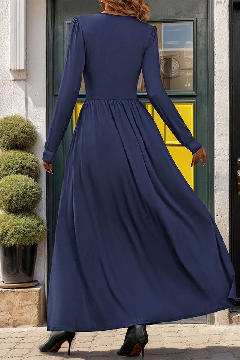 CWDMD3054_SOLID COLOR V-NECK SLIT SLIM LONG SLEEVE DRESS