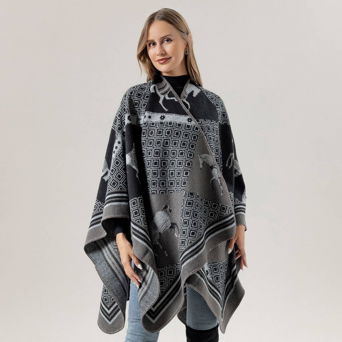 SHAWL RETRO HORSE PATTERN SCARF WARM SLIT CAPE