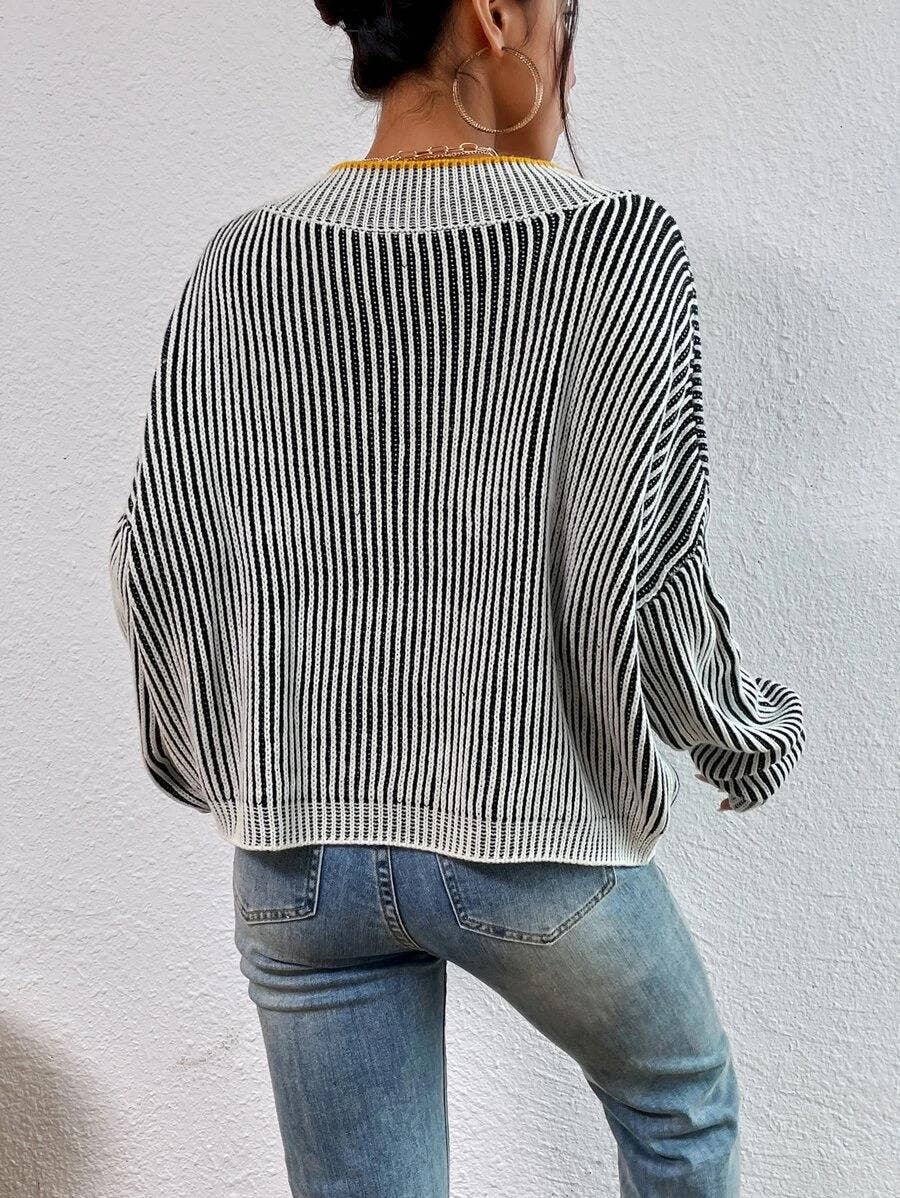 V-neck loose striped batsleeved sweater