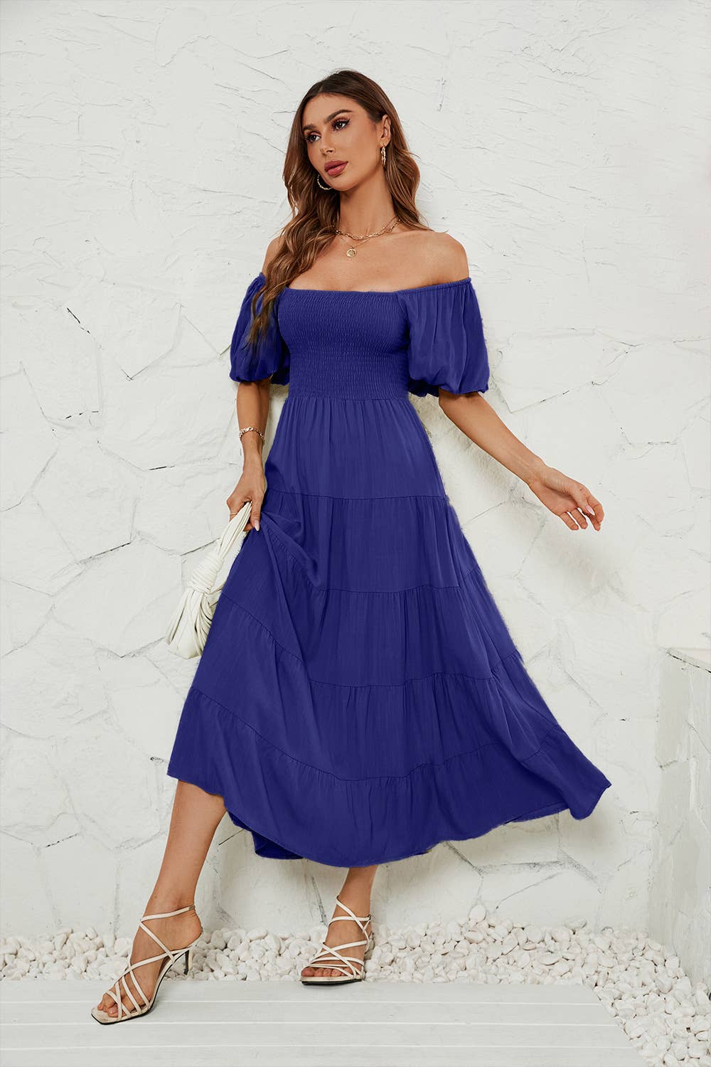 Solid-color high-waisted cinched waist dress