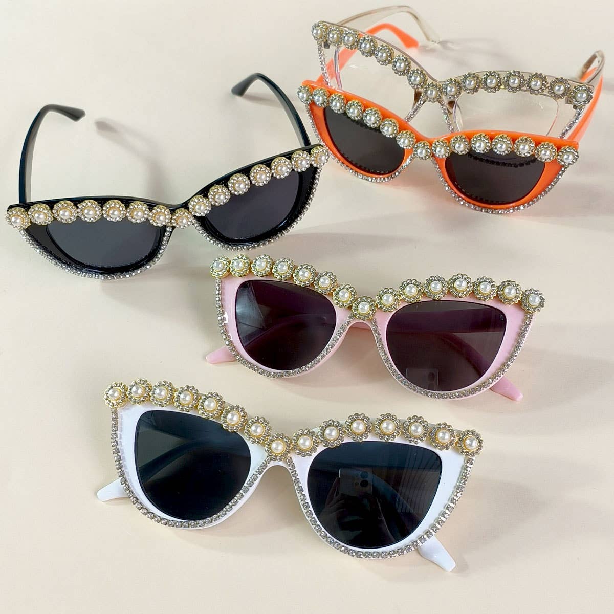 HANDMADE RHINESTONE PEARL RETRO CAT-EYE SUNGLASSES