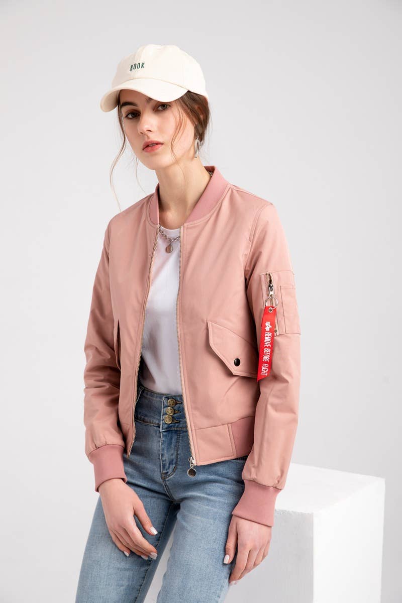 SOLID COLOR ZIPPER BOMBER JACKET
