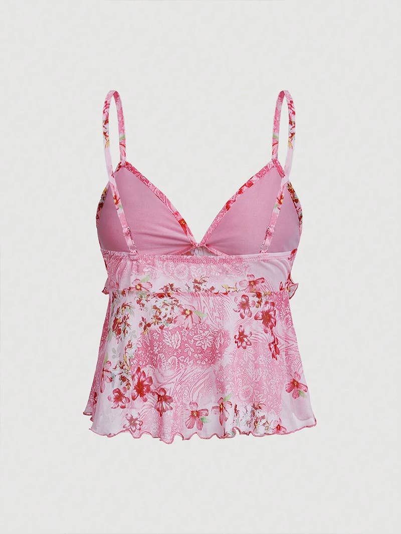 Printed Semi-Transparent Black Ear-Trimmed Top