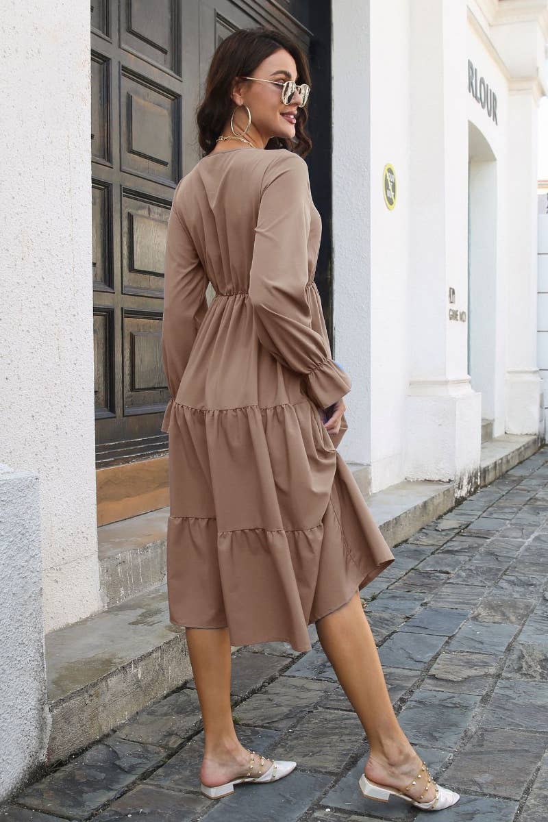 CWDSD6430_FALL V-NECK DRESS WITH FLARED SLEEVES