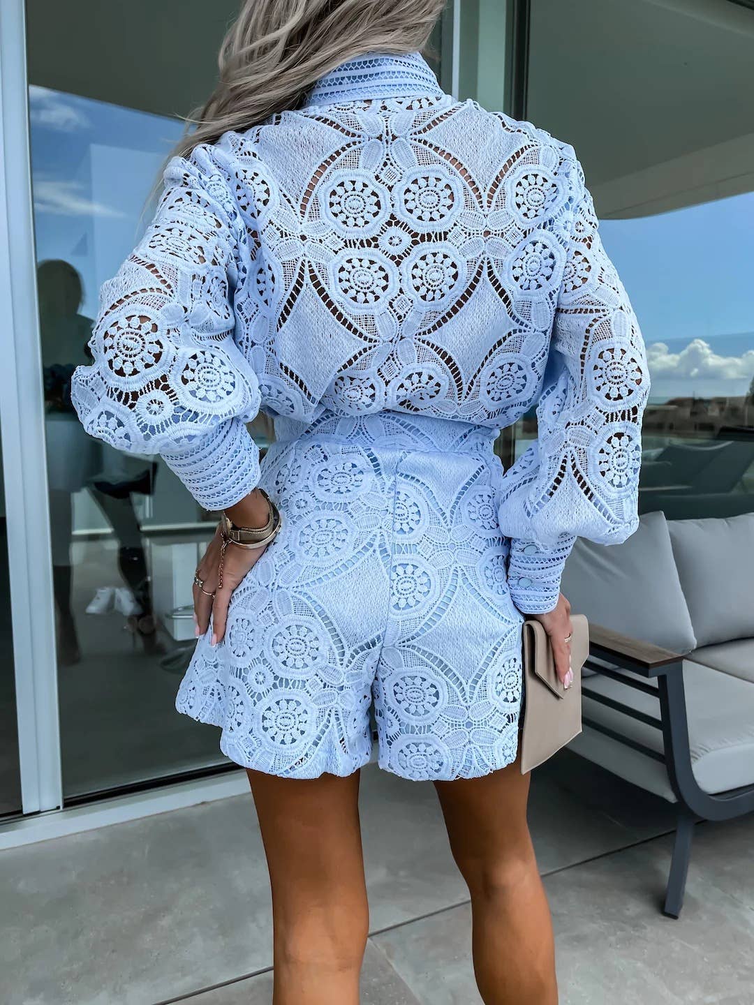 SINGLE BREASTED STAND COLLAR LACE SHORTS SUIT