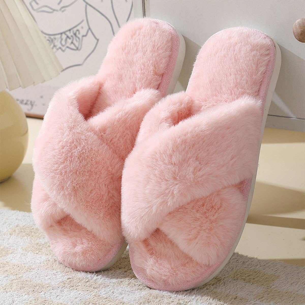 Cross style Faux rabbit fur slippers For Women