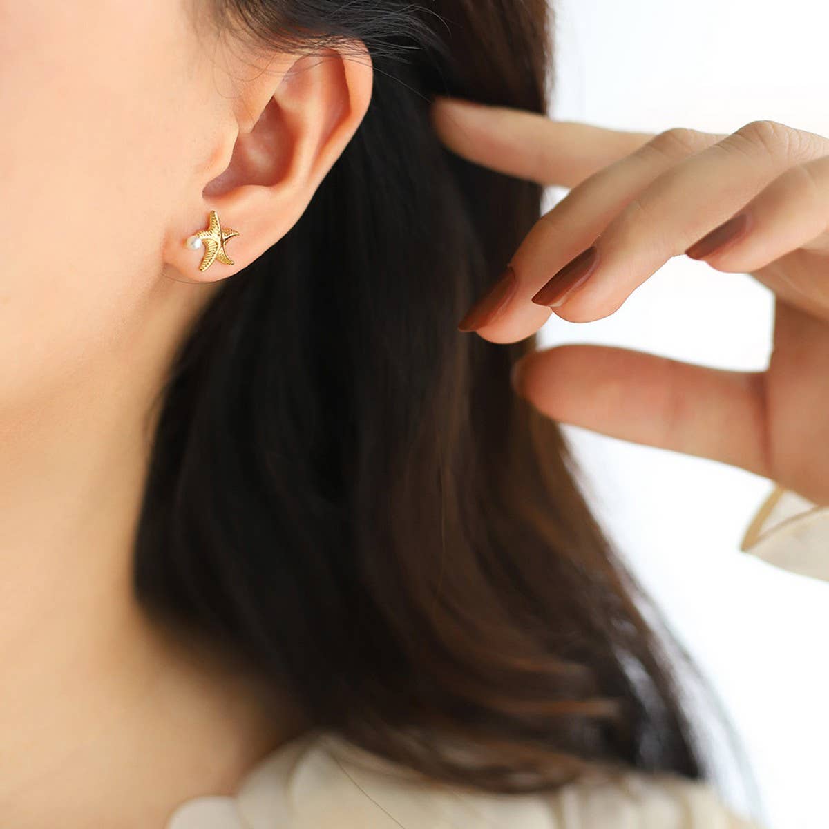 Gold Plated Ocean Star Pearl Asymmetric Earrings