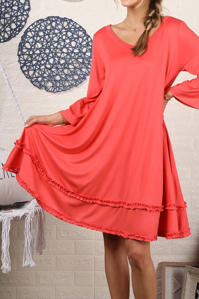 CWDSD10355_SMALL RUFFLE DETAILS 3/4 SLEEVE TIERED DRESS
