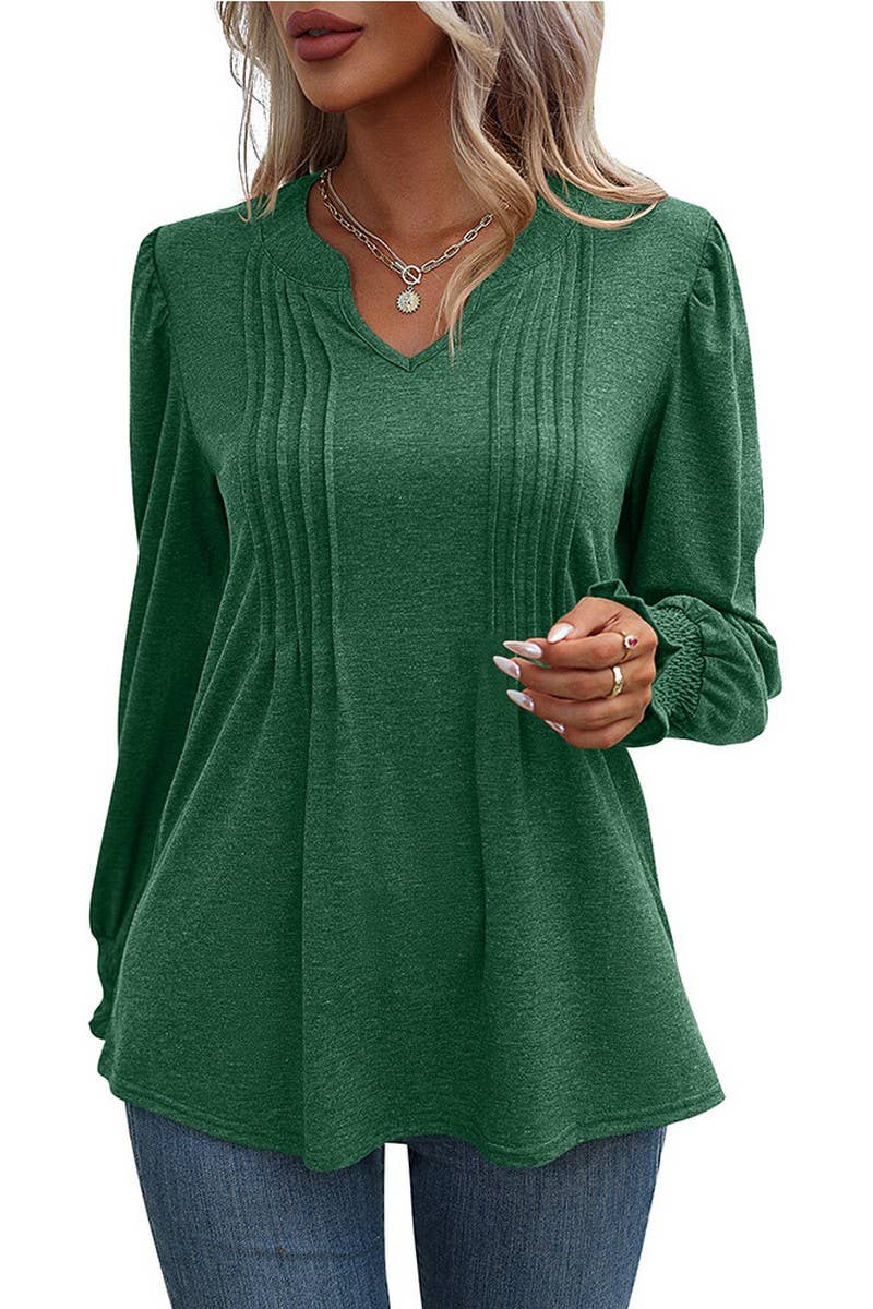 CWOSWL07637_SOLID V NECK PUFF SLEEVE RUCHED LONG SLEEVE TOP