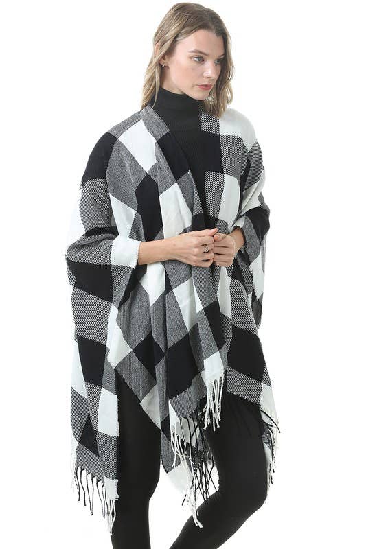 PLAID PATTERN PONCHOS CAPES COLOR BLOCK SHAWL WRAP_CWASC004
