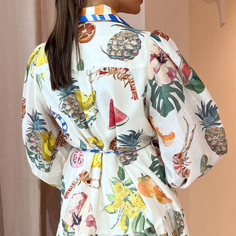 LANTERN SLEEVE PRINTED LAPEL LONG-SLEEVED DRESS