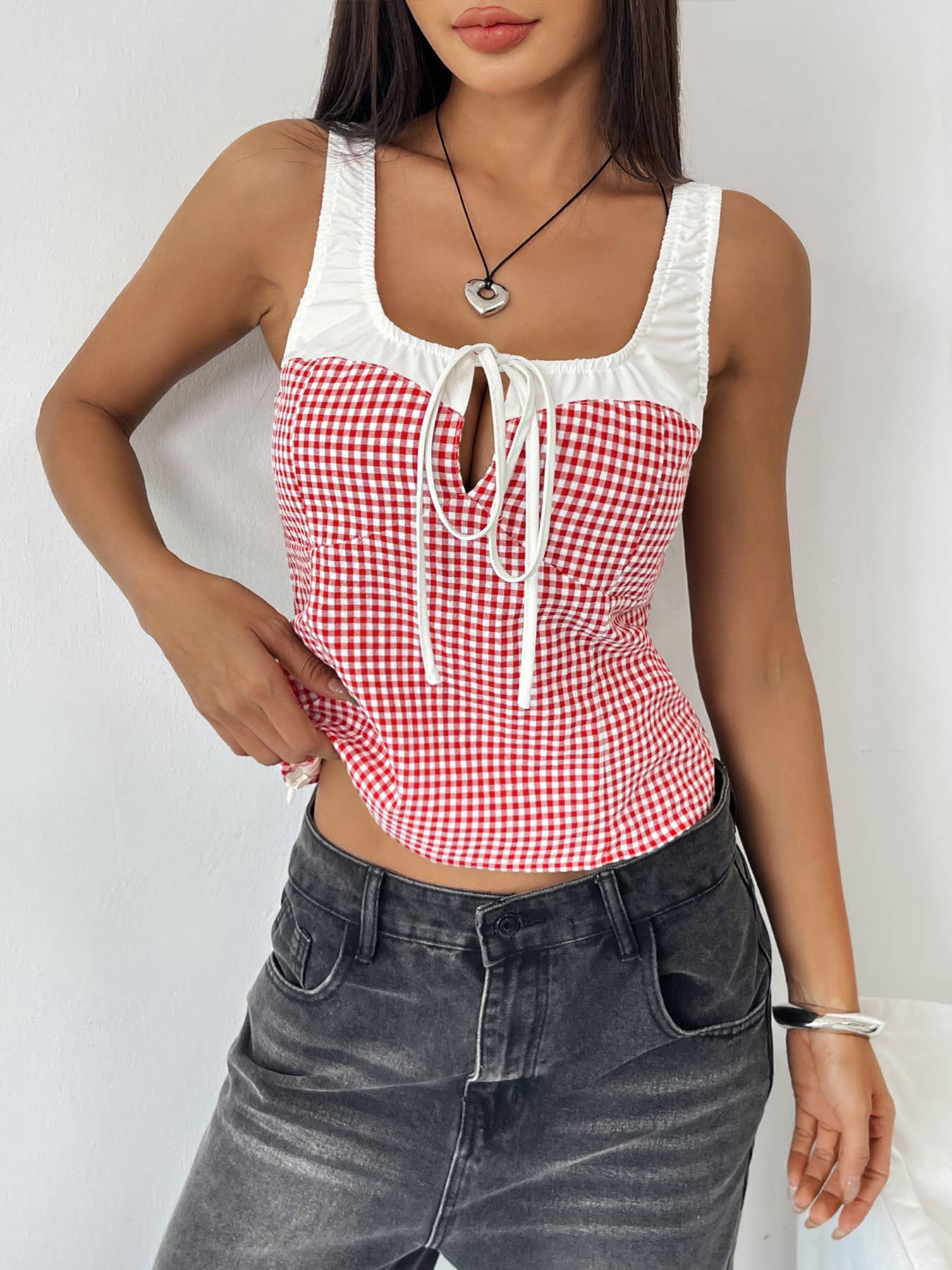 Elastic lace-up plaid patchwork print vest