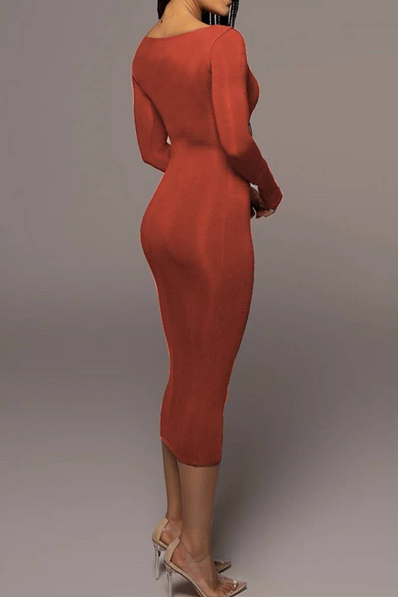 CWDMD4902_SOLID COLOR SLIM SQUARE NECK LONG SLEEVE DRESS