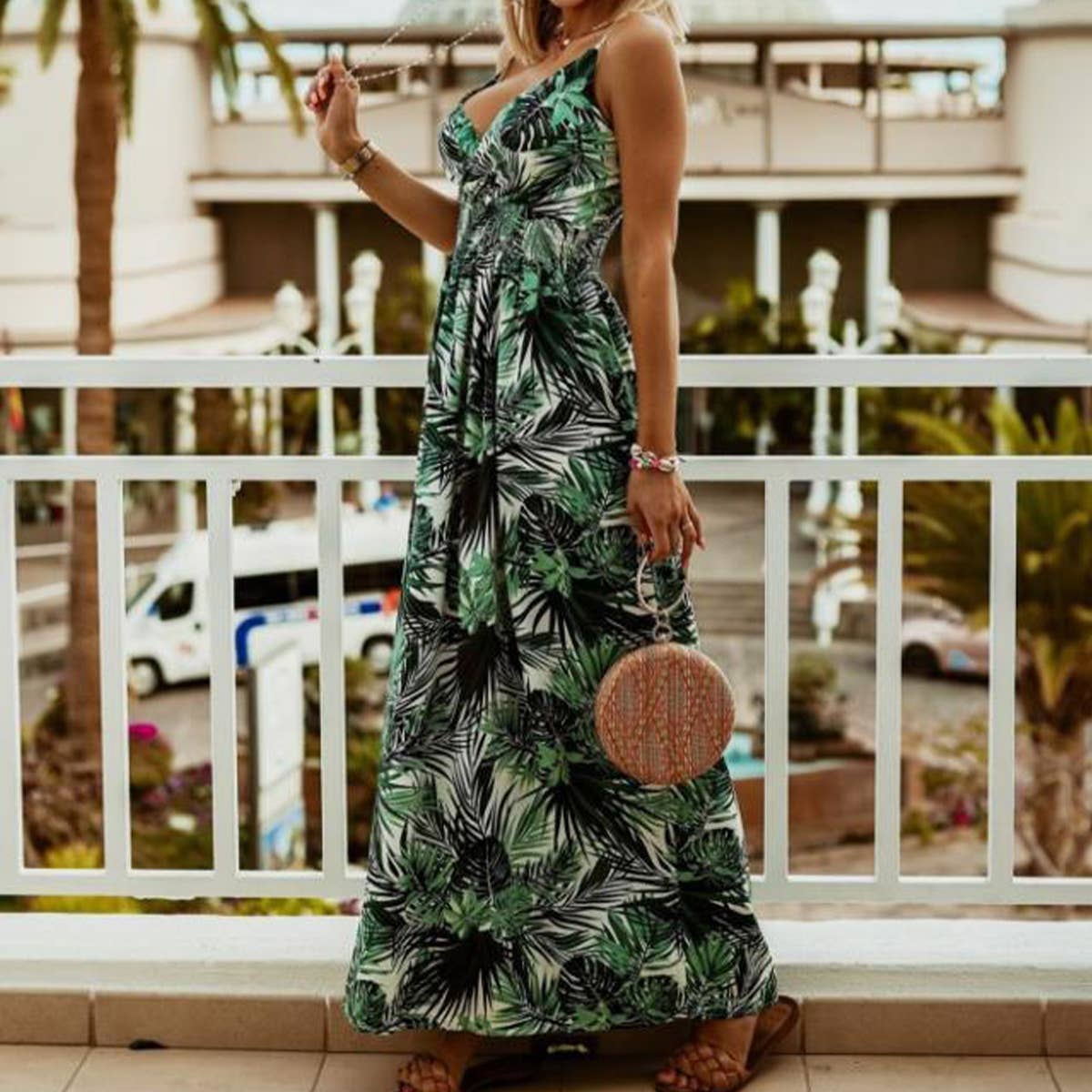 V-neck sleeveless halter print boho long dress